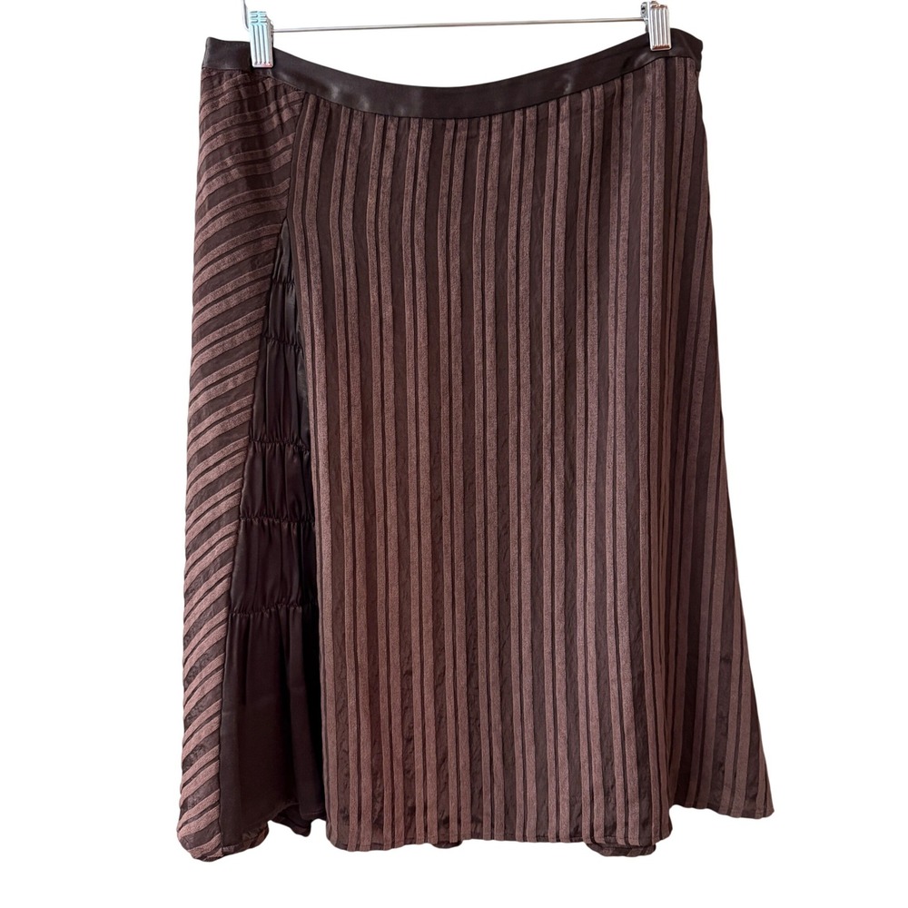 Vintage J. Jill Womens 90s Brown A-Line Skirt 14 Office Striped Lined Satin Trim